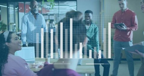 Colleagues Collaborating with Interactive Data Visuals in Modern Office