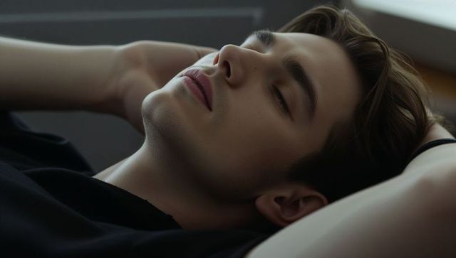 Young man reclining with eyes closed in soft natural light for relaxation and intimacy