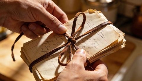 Hands holding tied vintage letters with suede cord closeup conveying nostalgia and memory