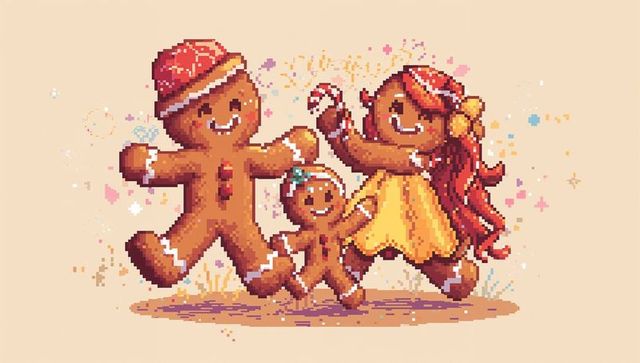 Pixel art gingerbread family dancing holding hands with candy cane and bright dress