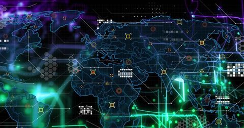 Neon holographic world map projecting global network traces and cyber analytics interface