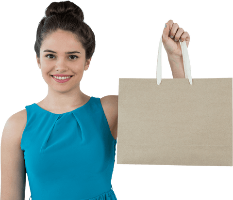 Smiling Woman Holding Shopping Bag on Transparent Background