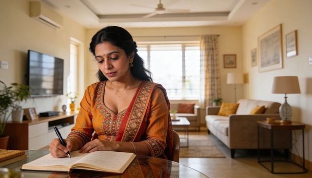 Writing indian woman in orange traditional dress at desk, journaling in cozy living room