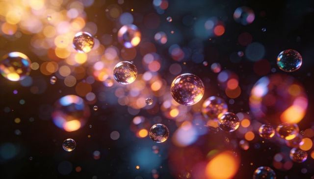 Glowing Glass Orbs Refracting Warm and Cool Light with Bokeh Particles Macro Abstract