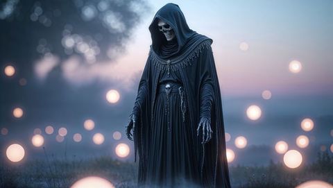 Skeletal grim reaper figure in hooded robe surrounded by mystical orbs