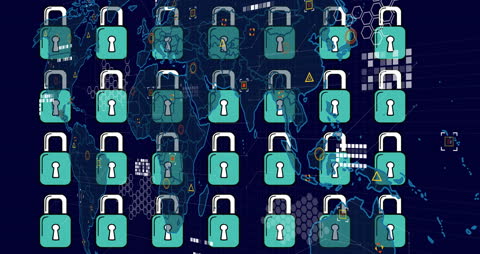 Cybersecurity Concept with Digital Padlocks and World Map