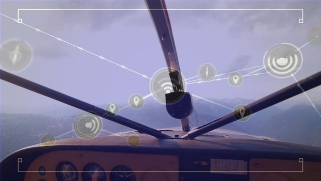 This image showcases an animated digital network interface superimposed on a plane cockpit view, highlighting modern aviation technology and global connectivity concepts. It is ideal for illustrating articles or presentations about advances in aviation communication systems, digital data networks, or demonstrating connectivity in aviation environments.