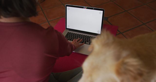 Caucasian woman practicing yoga with her pet dog using laptop with blank screen at home. lifestyle, fitness, pet, companionship and animal friendship concept.