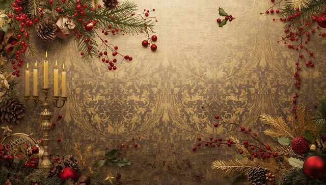 Glowing gold candelabrum with seven lit tapers on ornate damask with festive pine border