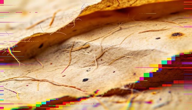 Handmade recycled paper macro showing plant fibers, warm beige layers, digital glitch accents
