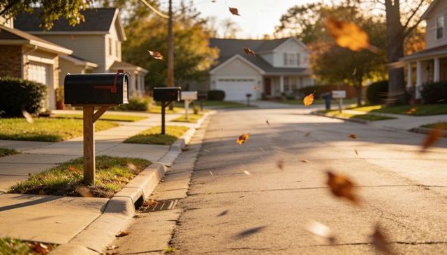 Suburban mailbox catching golden light with blowing autumn leaves on quiet street