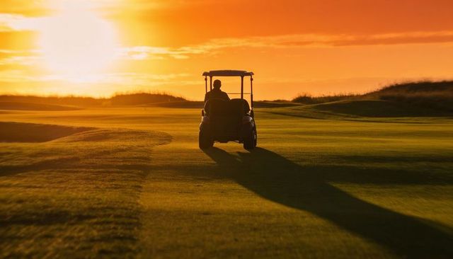 Golfer driving golf cart across sunset fairway silhouette on rolling coastal dunes