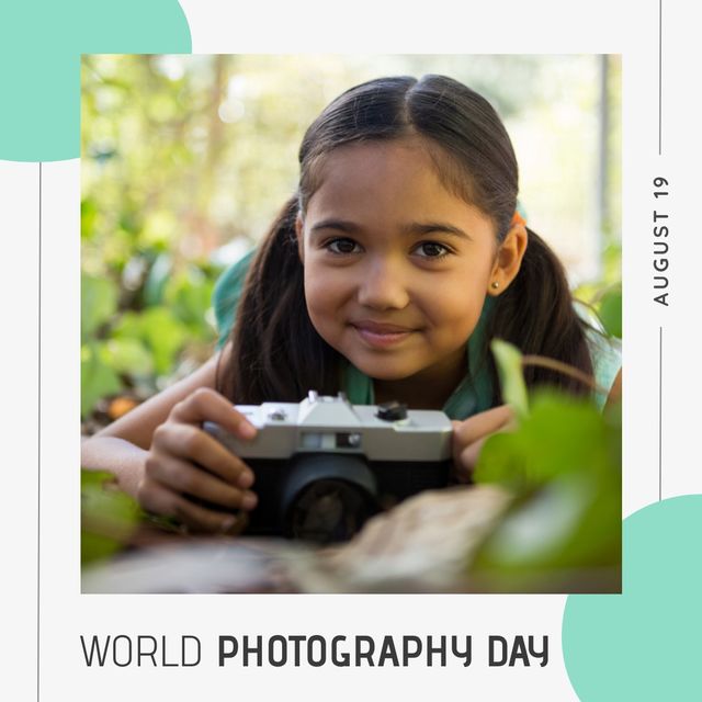 Composite of portrait of biracial girl holding camera and august 19 with world photography day text. childhood, hobby, technology, art and celebration concept.
