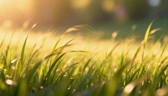 Sunlit meadow grass glowing in golden backlight close-up with dew drops