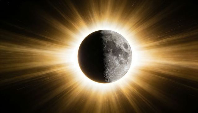 Moon partially occulting sun with golden corona radiating rays during lunar transit