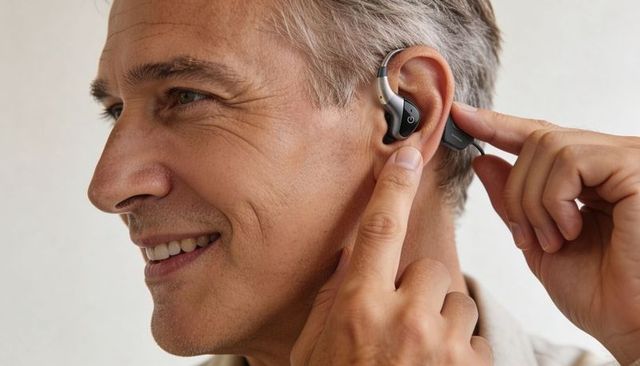 Senior man adjusting behind-ear hearing aid while smiling closeup portrait showing earpiece control