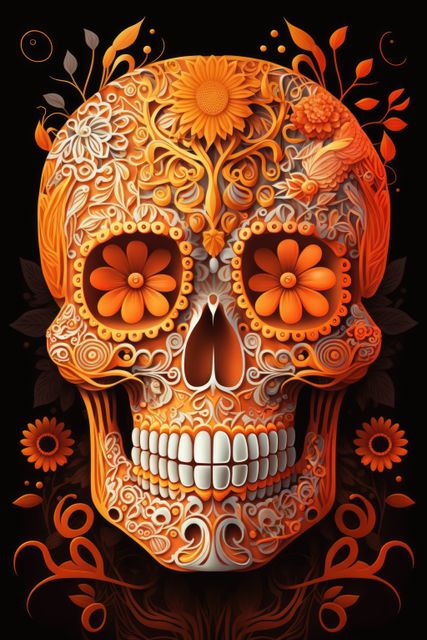 Illustration of an intricately designed skull adorned with detailed orange floral patterns and petals. Perfect for use in Day of the Dead celebrations, art exhibits, tattoo inspirations, and print designs. Suitable for festive greeting cards, event posters, and artistic home decor.