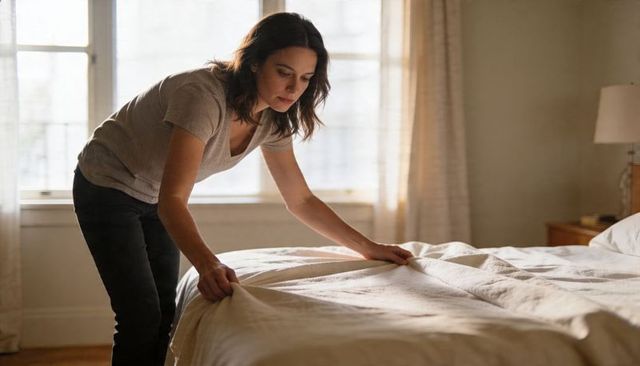Woman making bed in sunlit neutral bedroom smoothing duvet for cozy morning routine