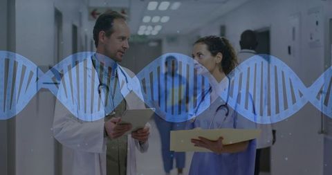 Doctors Discussing Research Study in Hospital with DNA Overlay