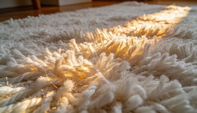 Sunlight-catching cream shag rug texture with plush fibers and warm golden glow