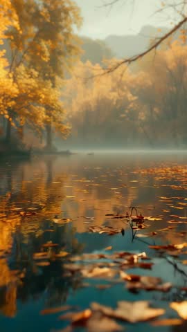 Pulling Back on Misty Lake with Floating Autumn Leaves and Golden Reflections