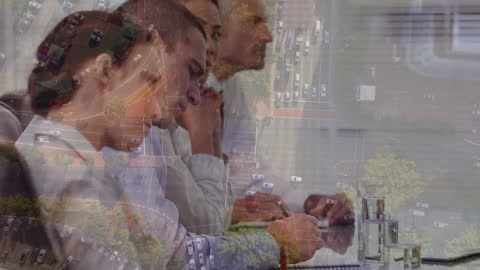 Overlay of Cityscape with Diverse Professionals in Meeting