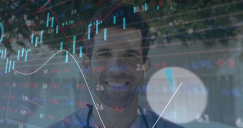 Smiling doctor with overlaid financial stock charts