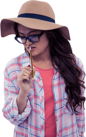 Transparent Fashionable Woman with Hat Holding Pencil