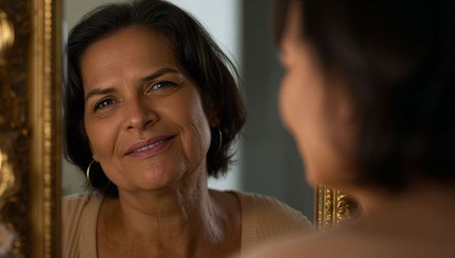 Middle-aged woman admiring reflection in ornate gold mirror, soft warm lighting, intimate portrait