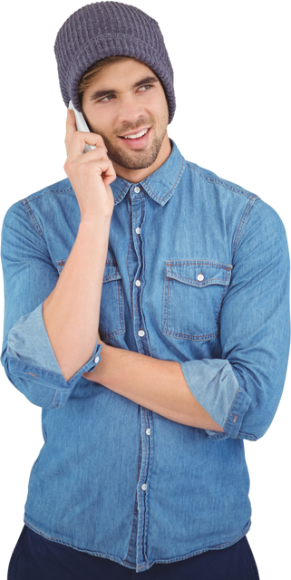 Hipster Man in Denim Shirt Conversing on Phone - Transparent Background - Download Free Stock Videos Pikwizard.com