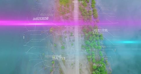 Aerial drone scanning coastal sandbar revealing central dirt track with HUD overlays