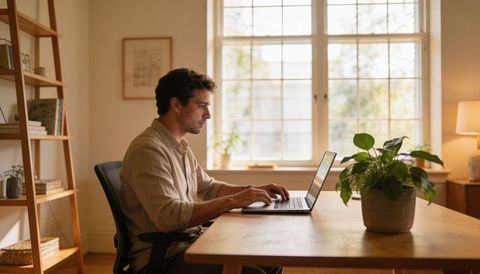 Man working from home at sunlit wooden desk with laptop and potted plant