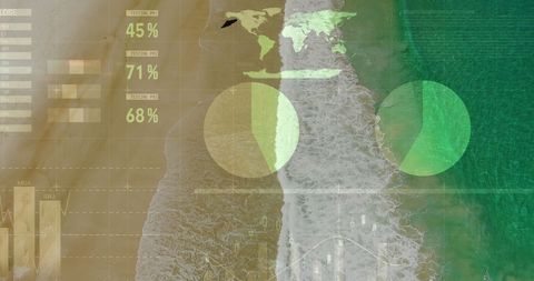 Global economic data overlaying ocean waves on sandy beach