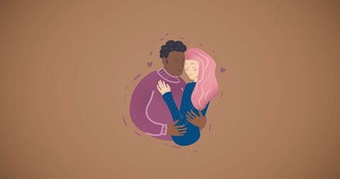 Illustrative biracial couple embracing symbolizing love and equality
