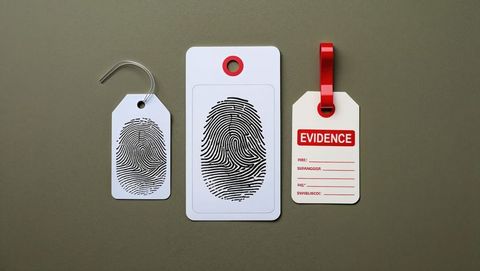 Crime scene fingerprint tags for evidence, criminal record investigation concept
