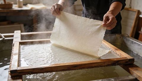 Artisan lifting handmade paper sheet from mould and deckle with steam rising, heritage craft