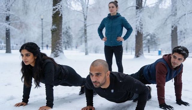 Winter outdoor group training doing push-ups under coach guidance in snowy urban park