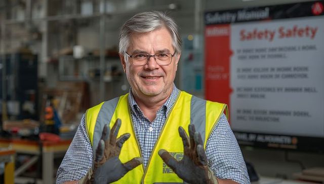 Senior workshop technician holding gloved hands wearing hi-vis vest and safety glasses