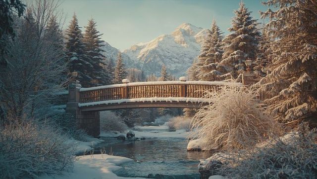 Winter wonderland with wooden footbridge and snowy peaks