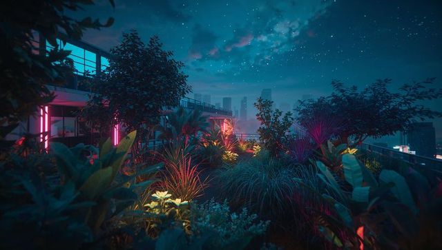 Vibrant Rooftop Terrace Garden Glowing with Neon Lights at Night