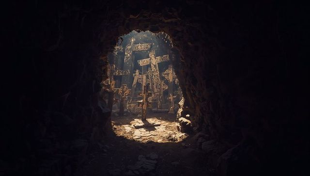 Sunlit wooden crosses in cave shrine casting dusty beams of light