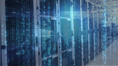 Digital Data Overlay on Modern Server Room Interior