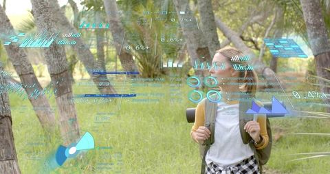 Hiker standing in sunlit forest with augmented reality data overlays and backpack