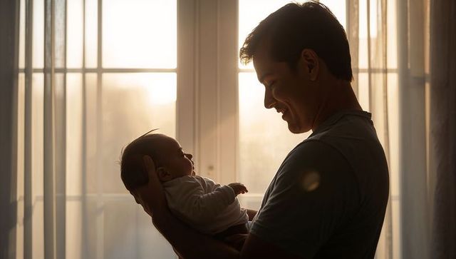 Father cradling newborn in golden window light, tender morning bonding moment