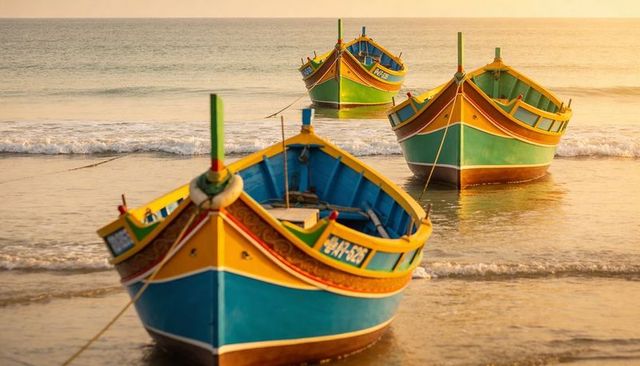 Sunlit colorful wooden fishing boats mooring on calm tropical shoreline at golden hour
