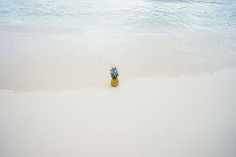 Single Pineapple Standing on Pristine White Sand Shore with Gentle Turquoise Waves