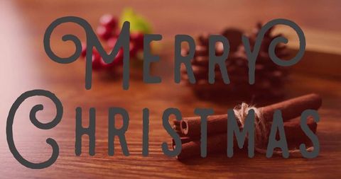 Rustic merry christmas script overlay with tied cinnamon sticks and holly berries