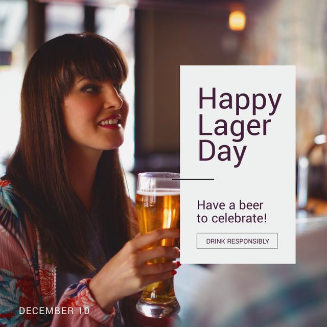 Composition of happy lager day text over caucasian woman drinking beer - Download Free Stock Videos Pikwizard.com
