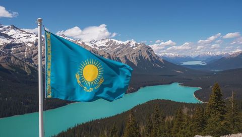 Kazakhstan flag flying above turquoise alpine lake and snowcapped mountains panoramic landscape