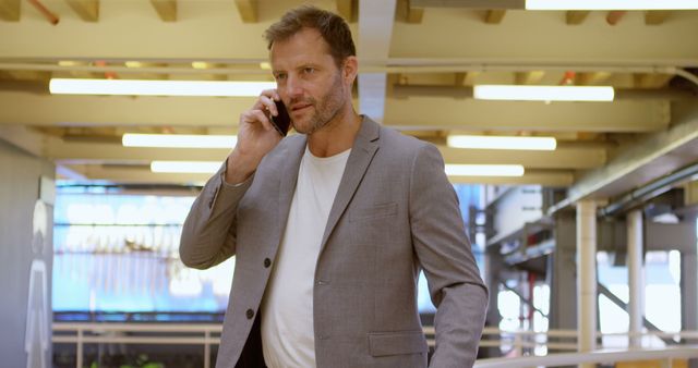 Businessman in Gray Suit Speaking on Phone in Modern Office Building - Download Free Stock Images Pikwizard.com